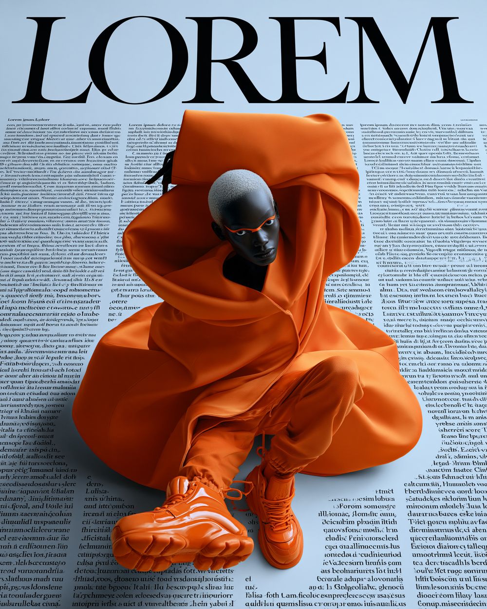 Silhouette en vêtement orange XXL repliée sur une page de texte, titre LOREM.