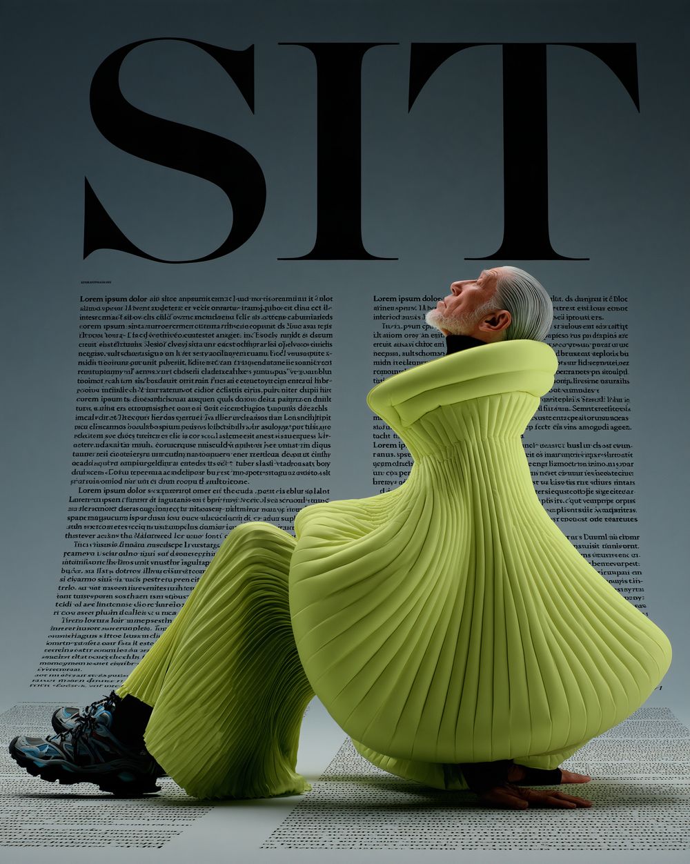Silhouette en manteau plissé vert anis, titre SIT.